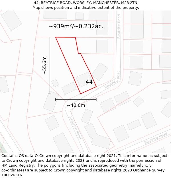 44, BEATRICE ROAD, WORSLEY, MANCHESTER, M28 2TN: Plot and title map