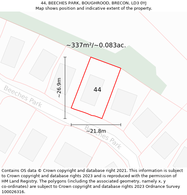 44, BEECHES PARK, BOUGHROOD, BRECON, LD3 0YJ: Plot and title map