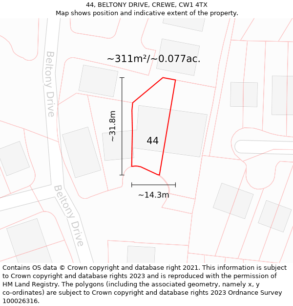 44, BELTONY DRIVE, CREWE, CW1 4TX: Plot and title map