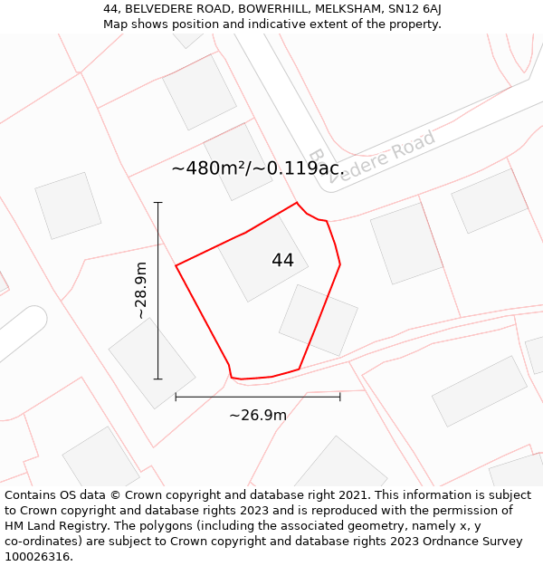 44, BELVEDERE ROAD, BOWERHILL, MELKSHAM, SN12 6AJ: Plot and title map