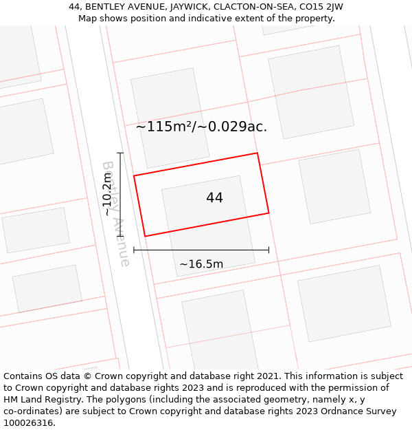 44, BENTLEY AVENUE, JAYWICK, CLACTON-ON-SEA, CO15 2JW: Plot and title map
