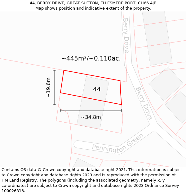 44, BERRY DRIVE, GREAT SUTTON, ELLESMERE PORT, CH66 4JB: Plot and title map