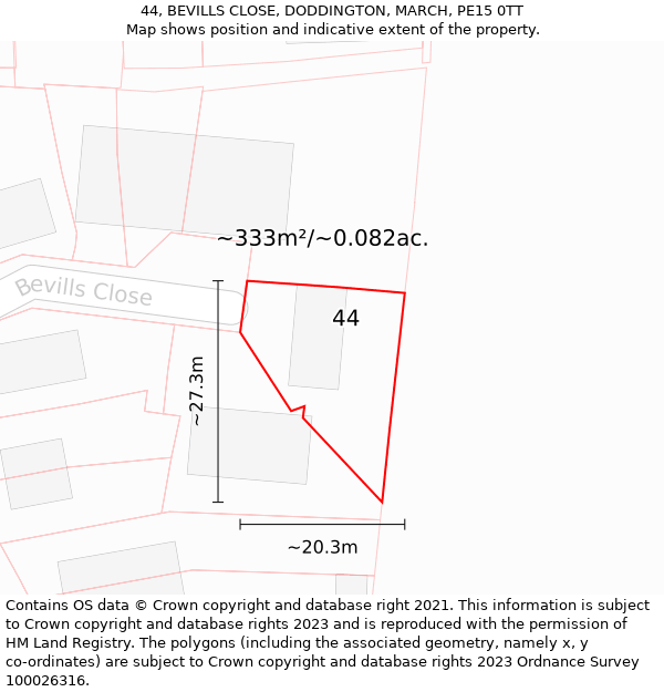 44, BEVILLS CLOSE, DODDINGTON, MARCH, PE15 0TT: Plot and title map