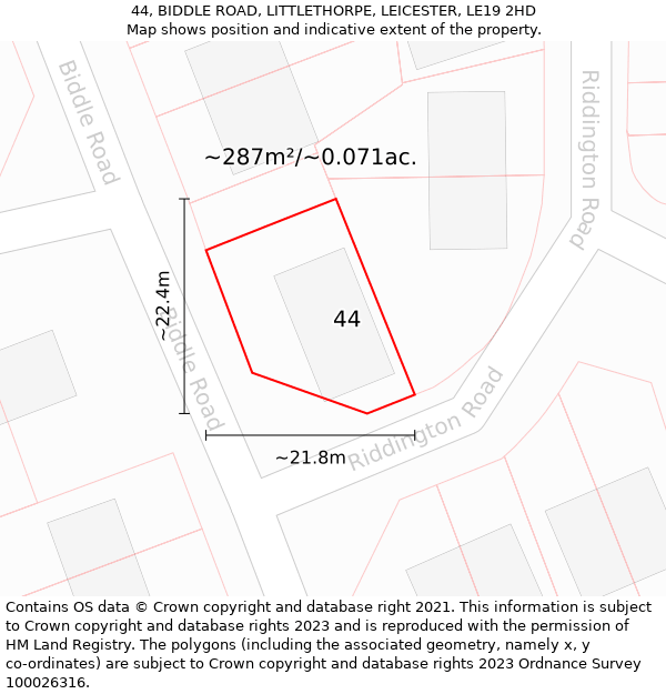 44, BIDDLE ROAD, LITTLETHORPE, LEICESTER, LE19 2HD: Plot and title map