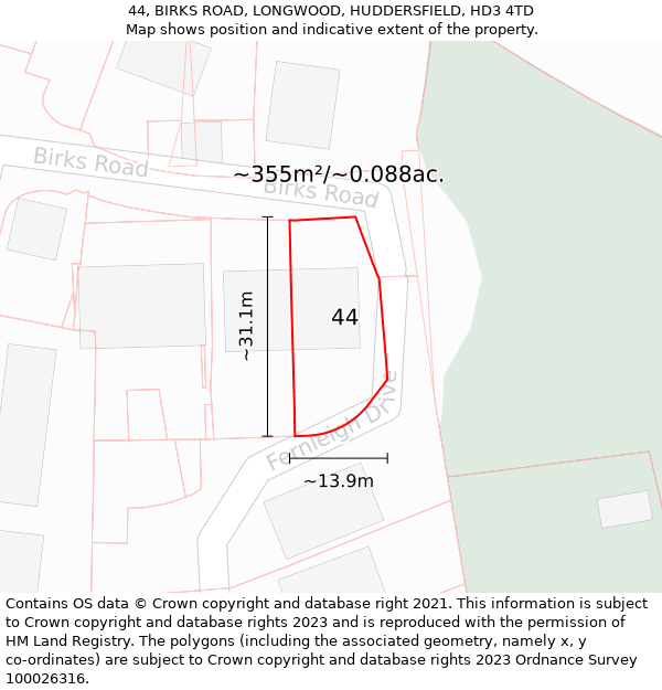 44, BIRKS ROAD, LONGWOOD, HUDDERSFIELD, HD3 4TD: Plot and title map