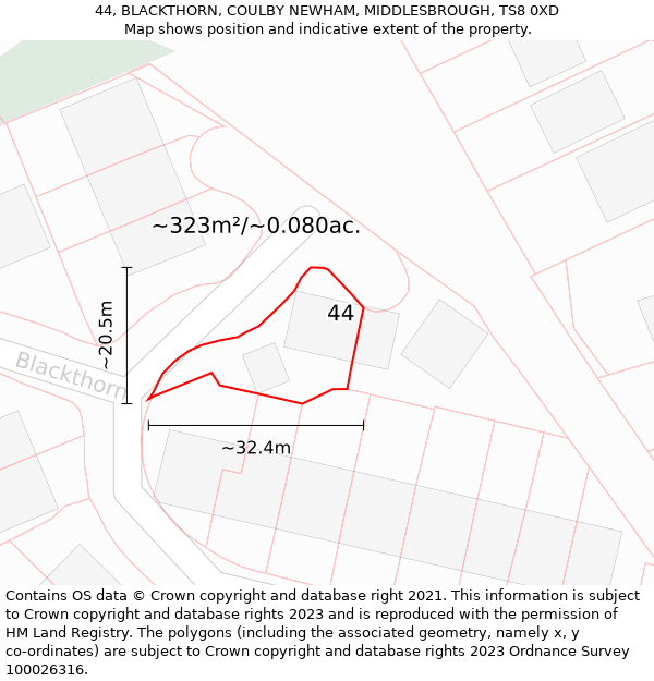 44, BLACKTHORN, COULBY NEWHAM, MIDDLESBROUGH, TS8 0XD: Plot and title map