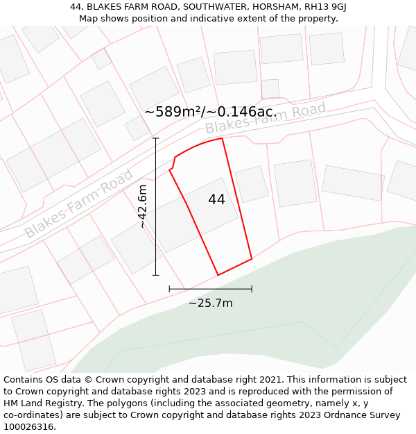 44, BLAKES FARM ROAD, SOUTHWATER, HORSHAM, RH13 9GJ: Plot and title map