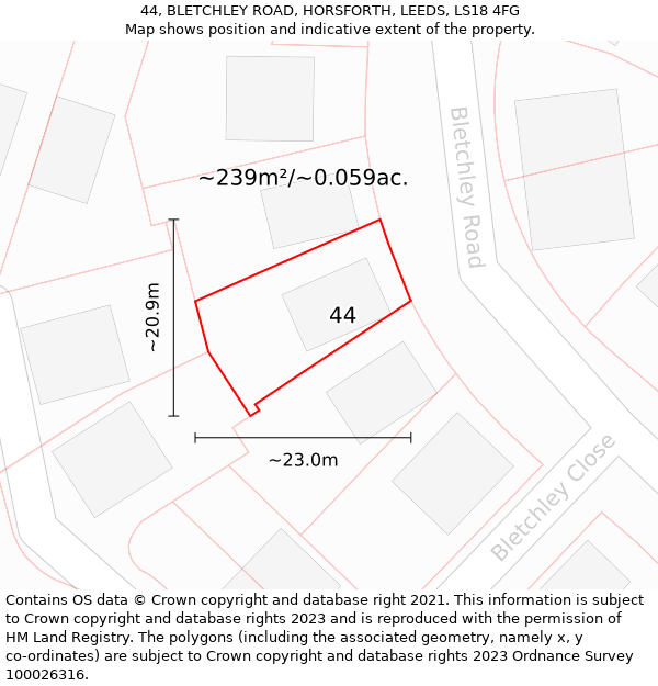 44, BLETCHLEY ROAD, HORSFORTH, LEEDS, LS18 4FG: Plot and title map