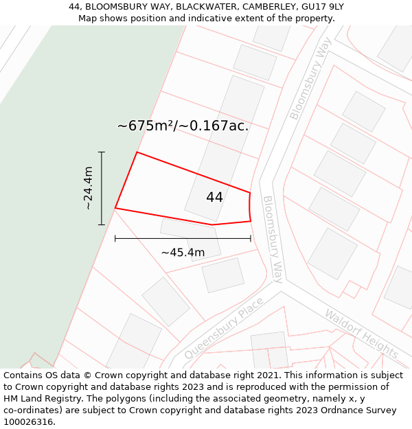 44, BLOOMSBURY WAY, BLACKWATER, CAMBERLEY, GU17 9LY: Plot and title map