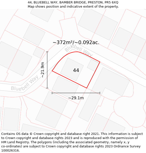 44, BLUEBELL WAY, BAMBER BRIDGE, PRESTON, PR5 6XQ: Plot and title map