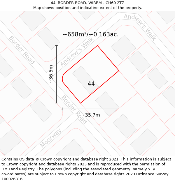 44, BORDER ROAD, WIRRAL, CH60 2TZ: Plot and title map