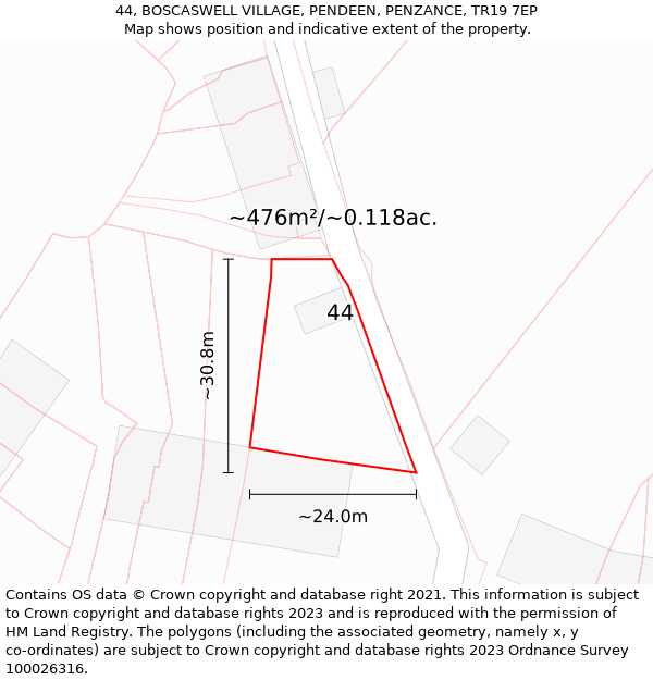 44, BOSCASWELL VILLAGE, PENDEEN, PENZANCE, TR19 7EP: Plot and title map