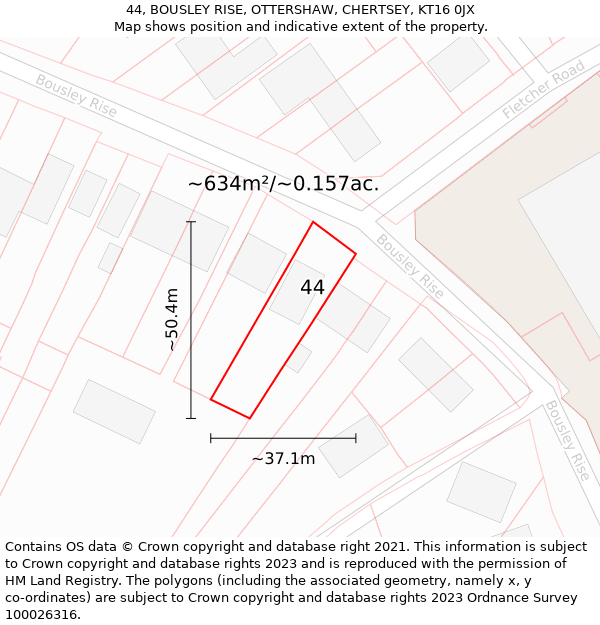 44, BOUSLEY RISE, OTTERSHAW, CHERTSEY, KT16 0JX: Plot and title map