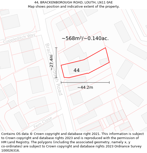 44, BRACKENBOROUGH ROAD, LOUTH, LN11 0AE: Plot and title map