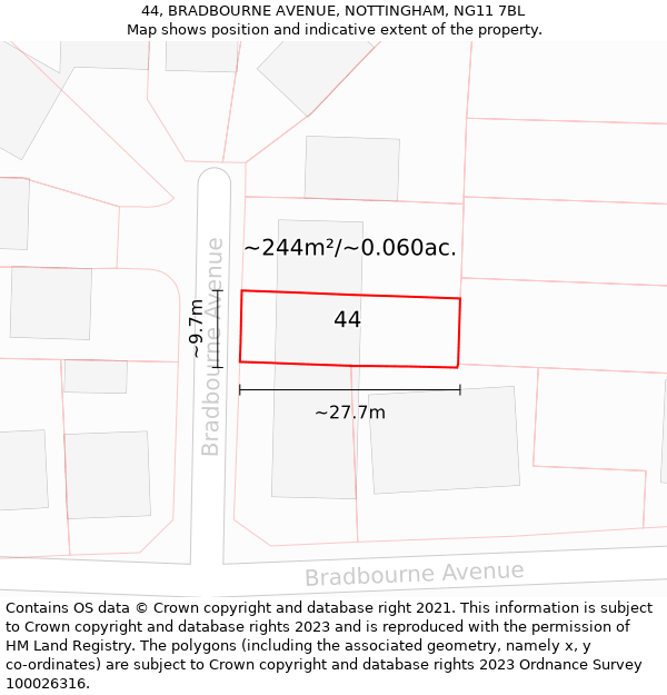 44, BRADBOURNE AVENUE, NOTTINGHAM, NG11 7BL: Plot and title map