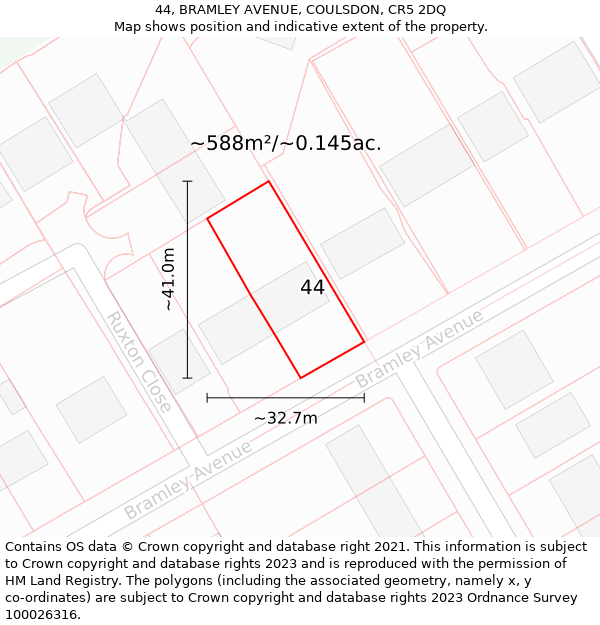 44, BRAMLEY AVENUE, COULSDON, CR5 2DQ: Plot and title map