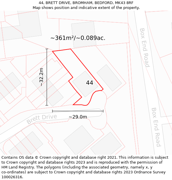 44, BRETT DRIVE, BROMHAM, BEDFORD, MK43 8RF: Plot and title map