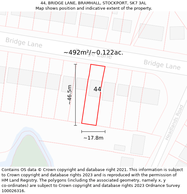 44, BRIDGE LANE, BRAMHALL, STOCKPORT, SK7 3AL: Plot and title map