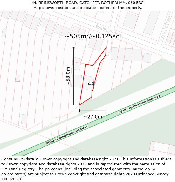 44, BRINSWORTH ROAD, CATCLIFFE, ROTHERHAM, S60 5SG: Plot and title map