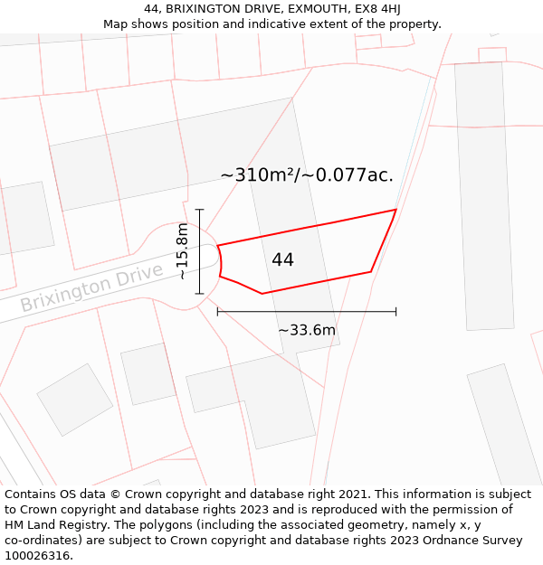 44, BRIXINGTON DRIVE, EXMOUTH, EX8 4HJ: Plot and title map