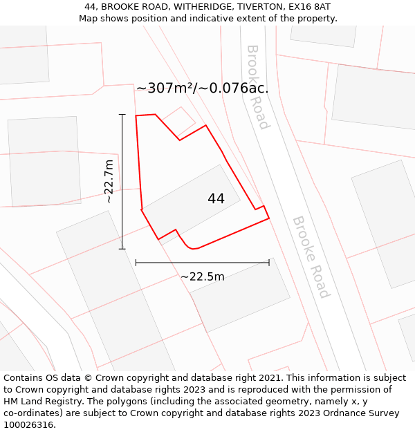 44, BROOKE ROAD, WITHERIDGE, TIVERTON, EX16 8AT: Plot and title map