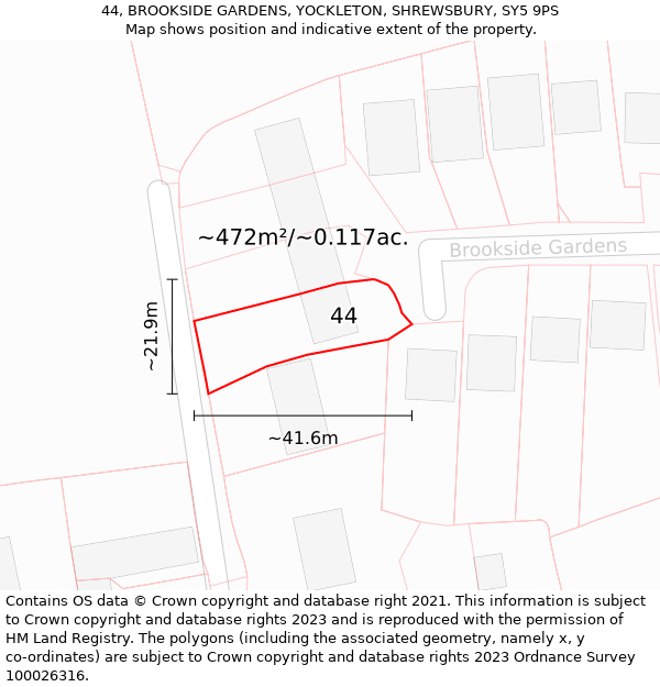 44, BROOKSIDE GARDENS, YOCKLETON, SHREWSBURY, SY5 9PS: Plot and title map