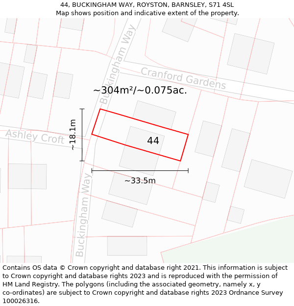 44, BUCKINGHAM WAY, ROYSTON, BARNSLEY, S71 4SL: Plot and title map