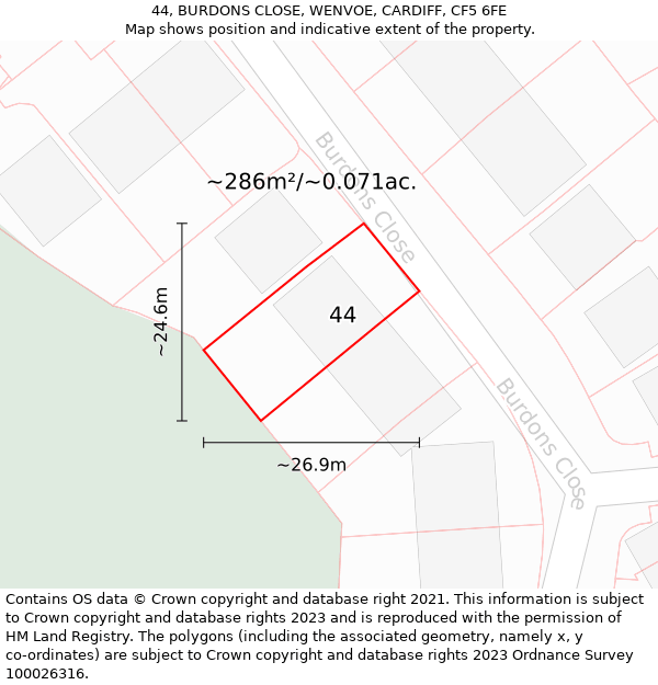 44, BURDONS CLOSE, WENVOE, CARDIFF, CF5 6FE: Plot and title map