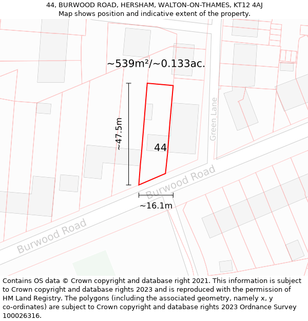 44, BURWOOD ROAD, HERSHAM, WALTON-ON-THAMES, KT12 4AJ: Plot and title map