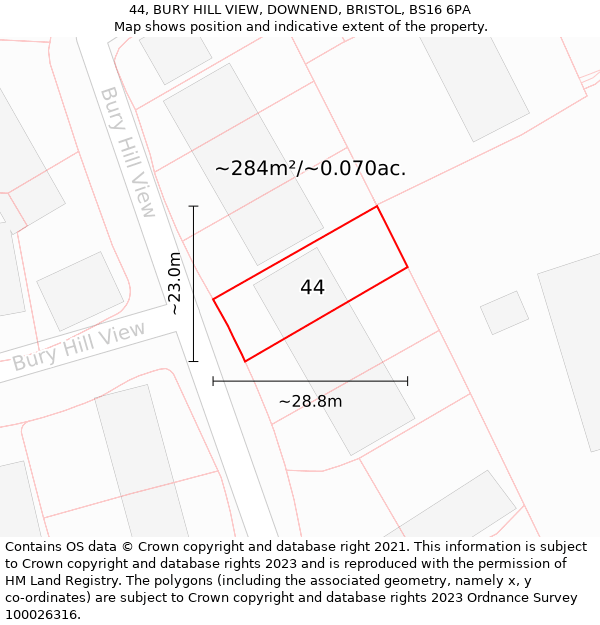 44, BURY HILL VIEW, DOWNEND, BRISTOL, BS16 6PA: Plot and title map