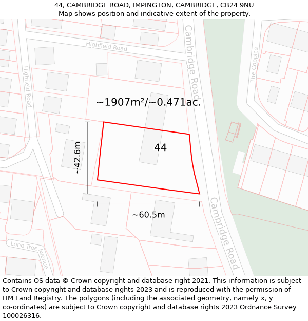 44, CAMBRIDGE ROAD, IMPINGTON, CAMBRIDGE, CB24 9NU: Plot and title map