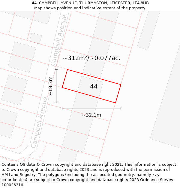 44, CAMPBELL AVENUE, THURMASTON, LEICESTER, LE4 8HB: Plot and title map