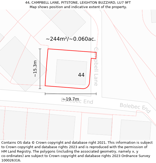 44, CAMPBELL LANE, PITSTONE, LEIGHTON BUZZARD, LU7 9FT: Plot and title map