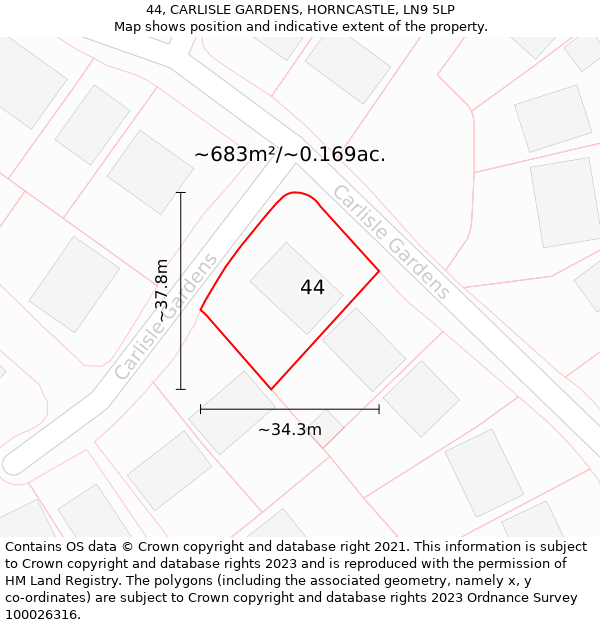 44, CARLISLE GARDENS, HORNCASTLE, LN9 5LP: Plot and title map