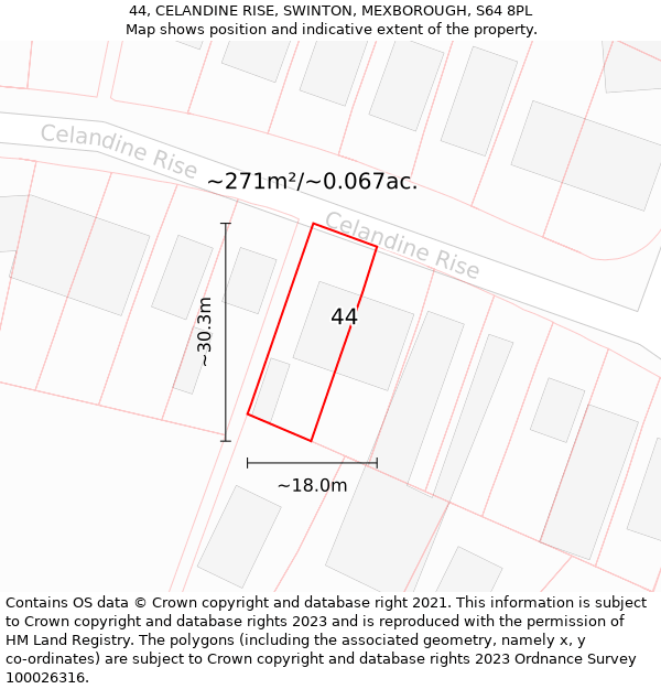 44, CELANDINE RISE, SWINTON, MEXBOROUGH, S64 8PL: Plot and title map