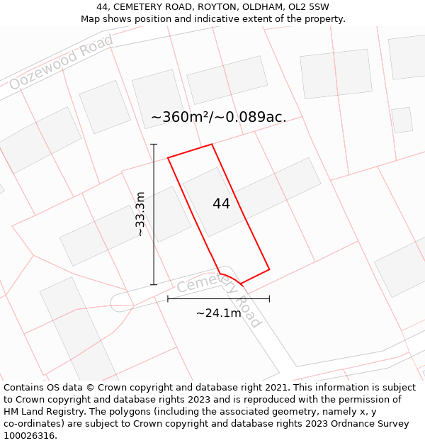 44, CEMETERY ROAD, ROYTON, OLDHAM, OL2 5SW: Plot and title map