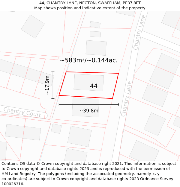 44, CHANTRY LANE, NECTON, SWAFFHAM, PE37 8ET: Plot and title map