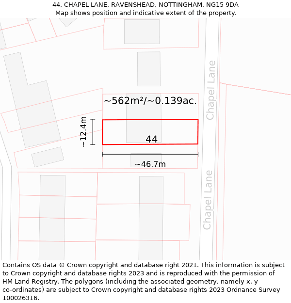 44, CHAPEL LANE, RAVENSHEAD, NOTTINGHAM, NG15 9DA: Plot and title map