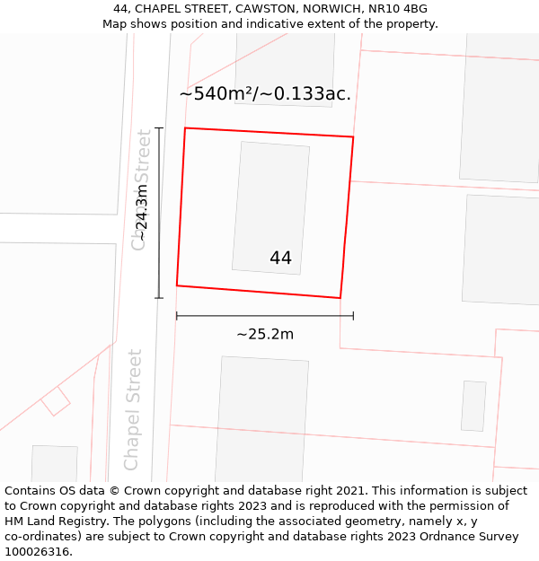 44, CHAPEL STREET, CAWSTON, NORWICH, NR10 4BG: Plot and title map