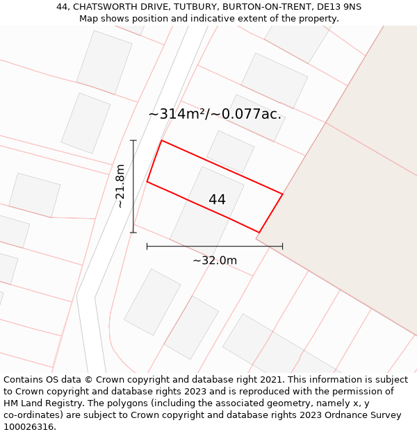 44, CHATSWORTH DRIVE, TUTBURY, BURTON-ON-TRENT, DE13 9NS: Plot and title map