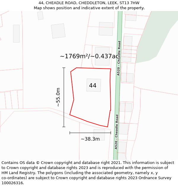 44, CHEADLE ROAD, CHEDDLETON, LEEK, ST13 7HW: Plot and title map