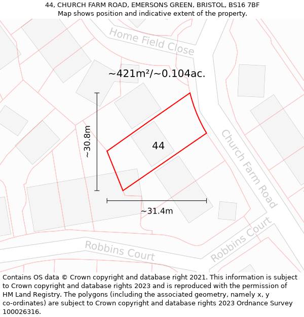 44, CHURCH FARM ROAD, EMERSONS GREEN, BRISTOL, BS16 7BF: Plot and title map