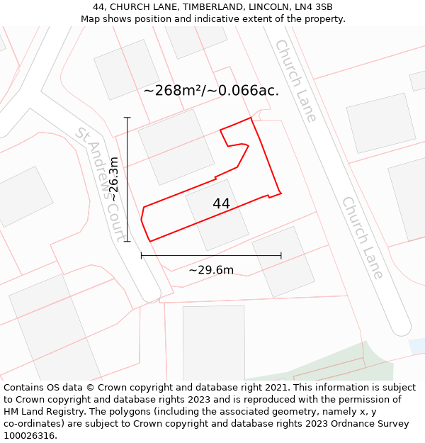 44, CHURCH LANE, TIMBERLAND, LINCOLN, LN4 3SB: Plot and title map