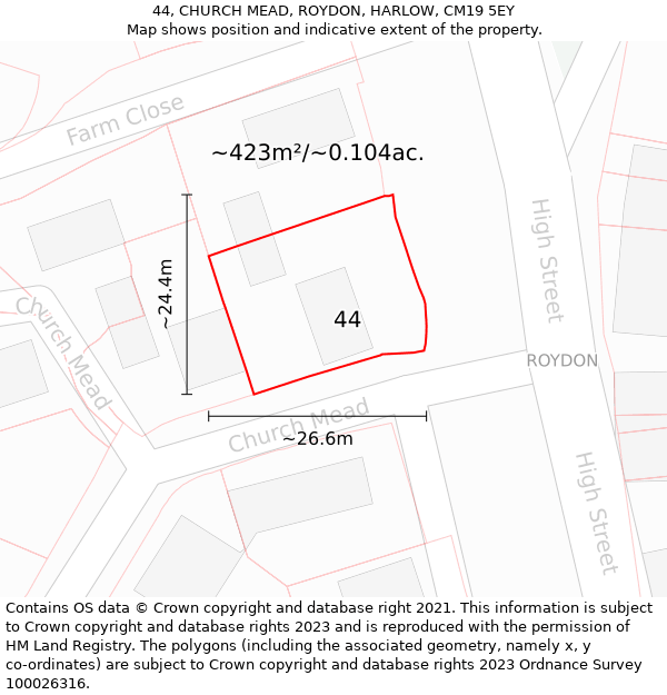 44, CHURCH MEAD, ROYDON, HARLOW, CM19 5EY: Plot and title map