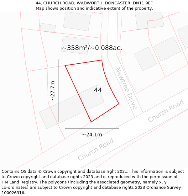 44, CHURCH ROAD, WADWORTH, DONCASTER, DN11 9EF: Plot and title map