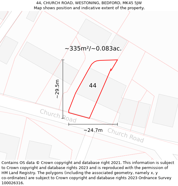 44, CHURCH ROAD, WESTONING, BEDFORD, MK45 5JW: Plot and title map