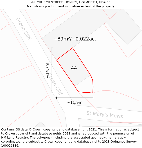 44, CHURCH STREET, HONLEY, HOLMFIRTH, HD9 6BJ: Plot and title map