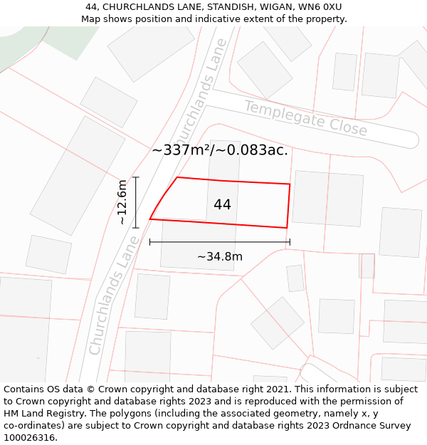 44, CHURCHLANDS LANE, STANDISH, WIGAN, WN6 0XU: Plot and title map