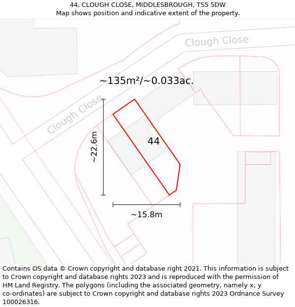 44, CLOUGH CLOSE, MIDDLESBROUGH, TS5 5DW: Plot and title map