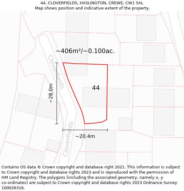 44, CLOVERFIELDS, HASLINGTON, CREWE, CW1 5AL: Plot and title map